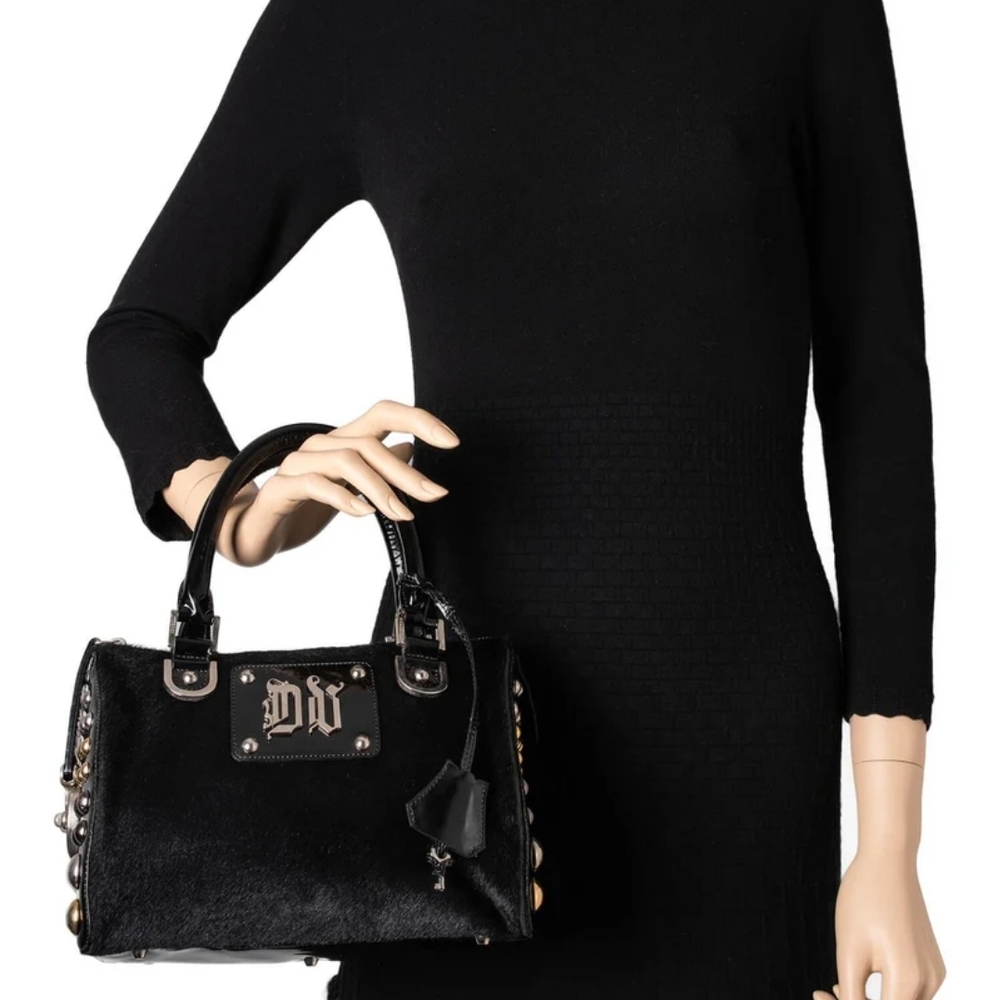 Authentic Versace Black Patent Leather Pony Hair Studded DV Speedy BAG 25 - Picture 5 of 15